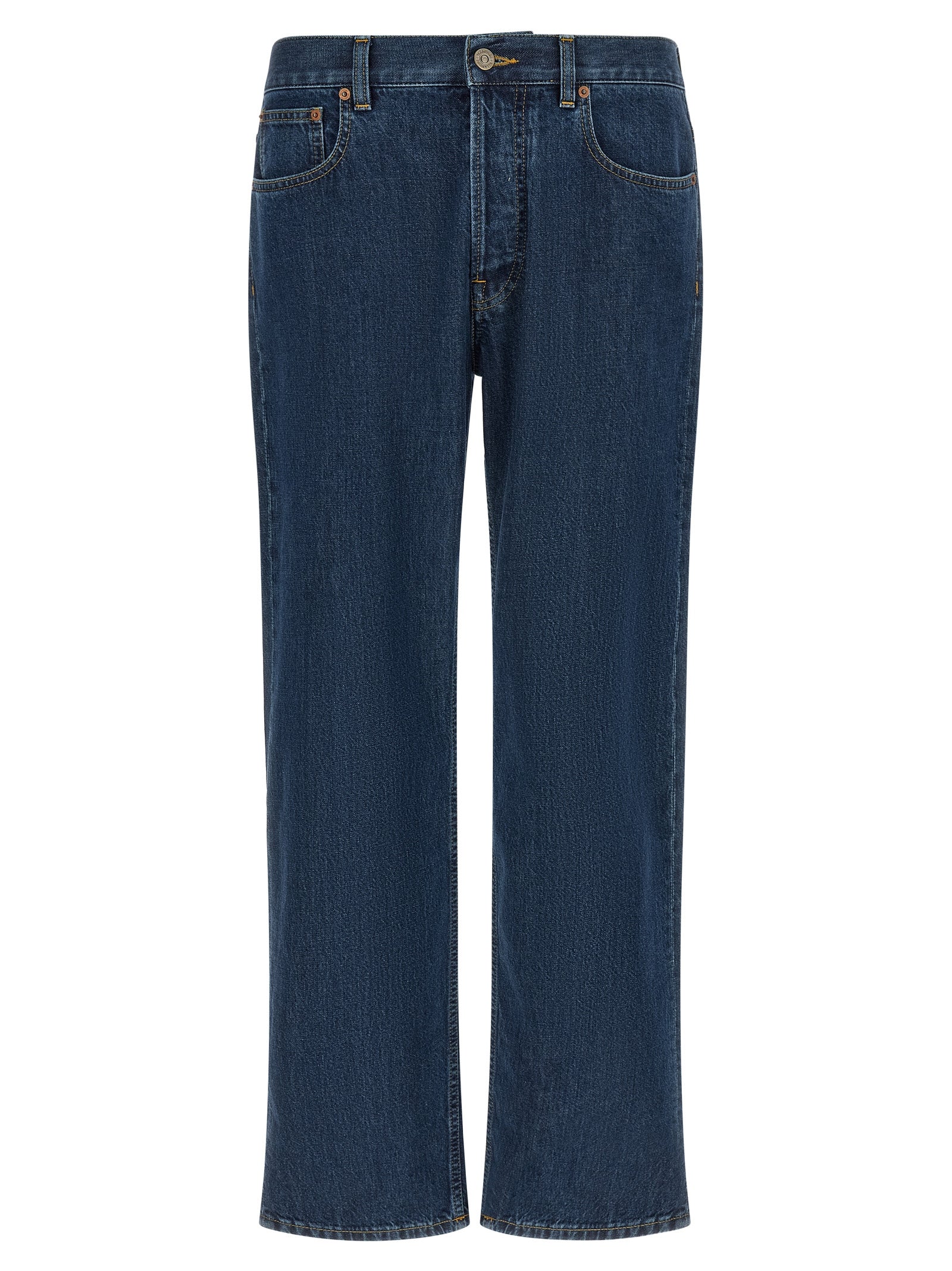 Jeans by Valentino Garavani for men in denim cotton blue & gold features a refined silhouette with a refined straight-leg, defined by a and a refined long for a refined finish.