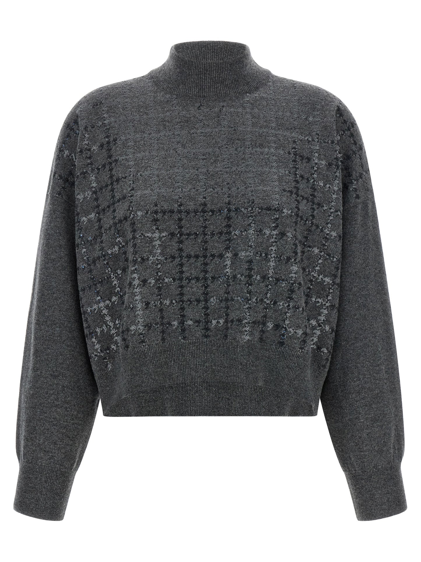 Cardigan by Brunello Cucinelli for women in cashmere & sequins gray & patterned features an impeccable silhouette, showcasing a sophisticated turtle neckline and detail for a truly impeccable finish.
