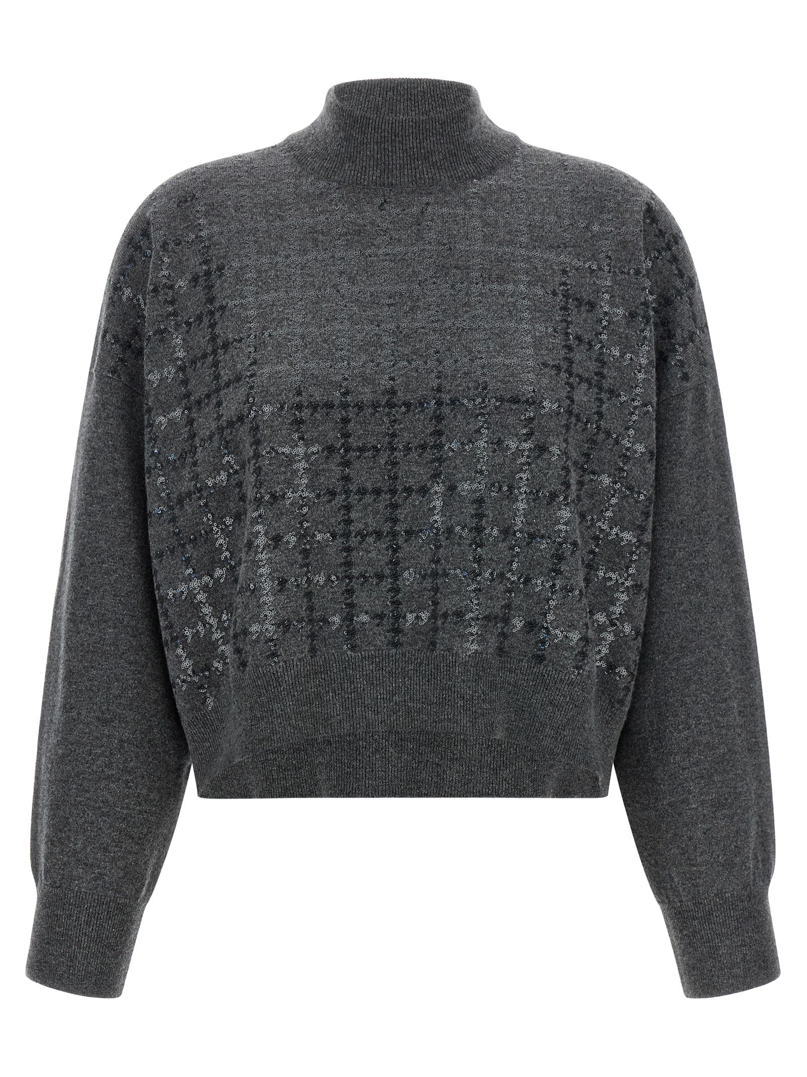 Cardigan by Brunello Cucinelli for women in cashmere & sequins gray & patterned features an impeccable silhouette, showcasing a sophisticated turtle neckline and detail for a truly impeccable finish.