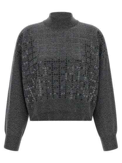 Cardigan by Brunello Cucinelli for women in cashmere & sequins gray & patterned features an impeccable silhouette, showcasing a sophisticated turtle neckline and detail for a truly impeccable finish.