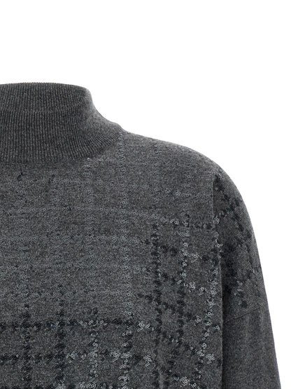 Cardigan by Brunello Cucinelli for women in cashmere & sequins gray & patterned features a dramatic silhouette, showcasing a sophisticated turtle neckline and dramatic detail for a timeless, premium look.