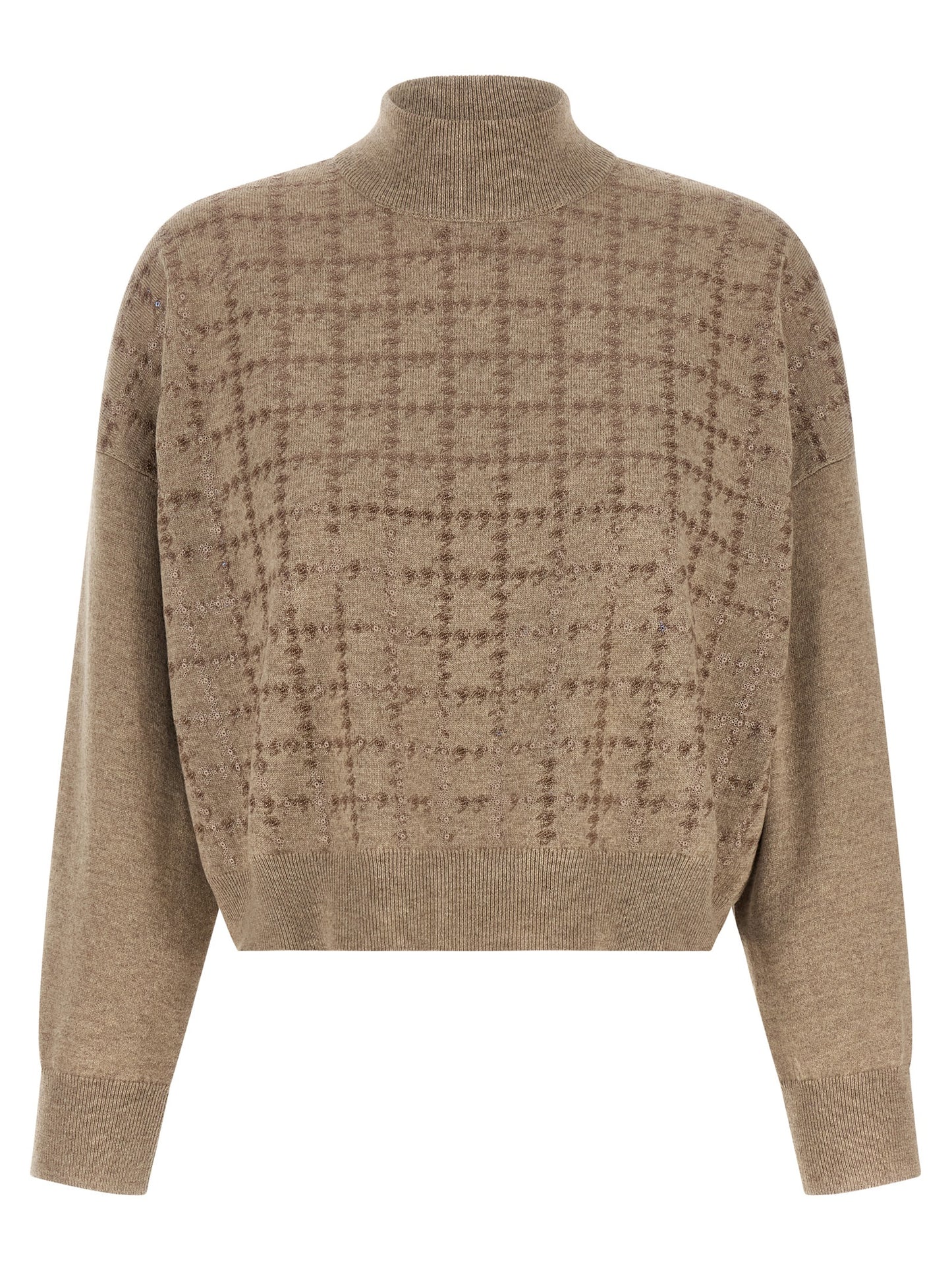 Cardigan by Brunello Cucinelli for women in cashmere & sequins beige & patterned showcases a captivating silhouette, artfully detailed with a captivating long-sleeve and turtle neckline for a truly sophisticated captivating look.