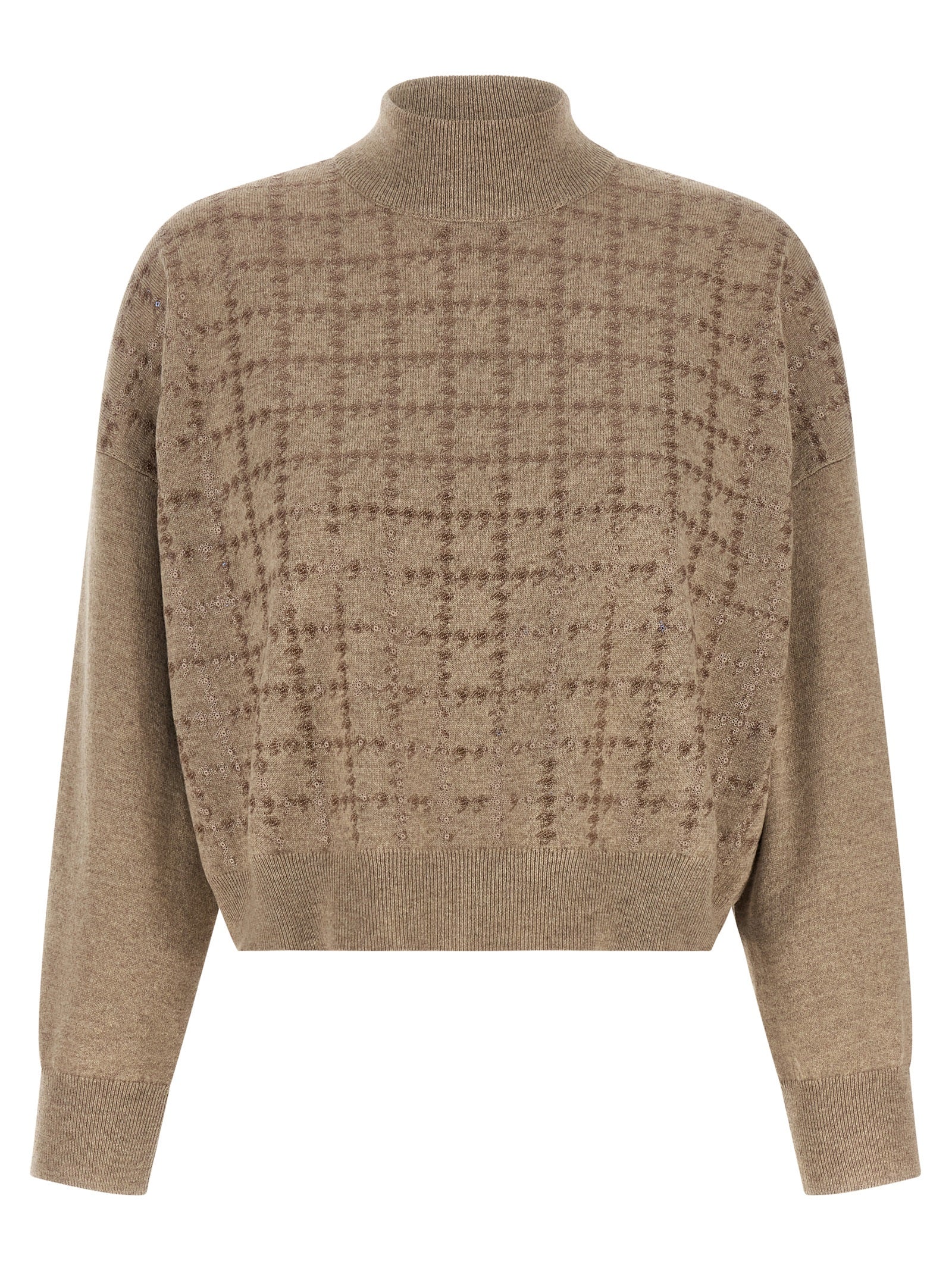 Cardigan by Brunello Cucinelli for women in cashmere & sequins beige & patterned showcases a captivating silhouette, artfully detailed with a captivating long-sleeve and turtle neckline for a truly sophisticated captivating look.