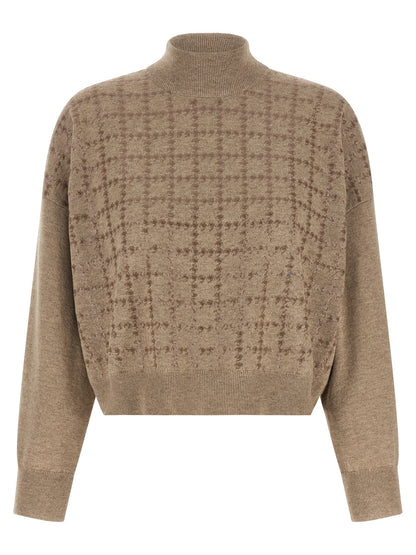 Cardigan by Brunello Cucinelli for women in cashmere & sequins beige & patterned showcases a captivating silhouette, artfully detailed with a captivating long-sleeve and turtle neckline for a truly sophisticated captivating look.