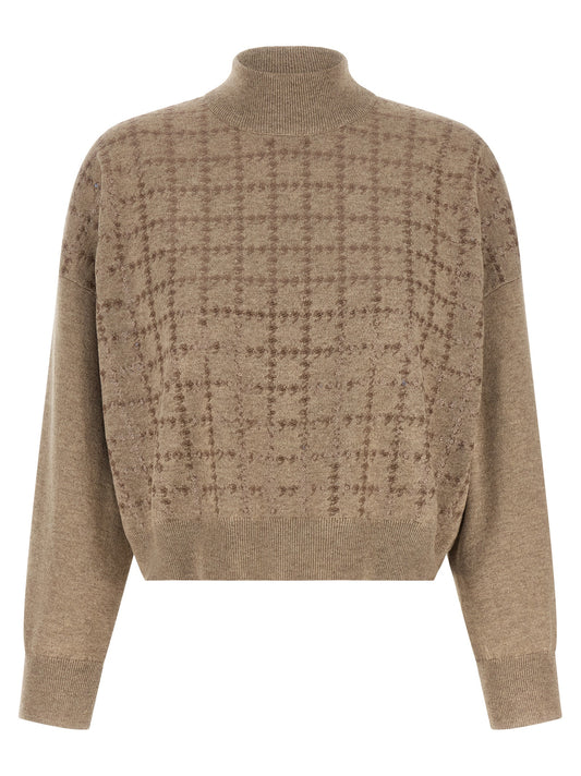 Cardigan by Brunello Cucinelli for women in cashmere & sequins beige & patterned showcases a captivating silhouette, artfully detailed with a captivating long-sleeve and turtle neckline for a truly sophisticated captivating look.