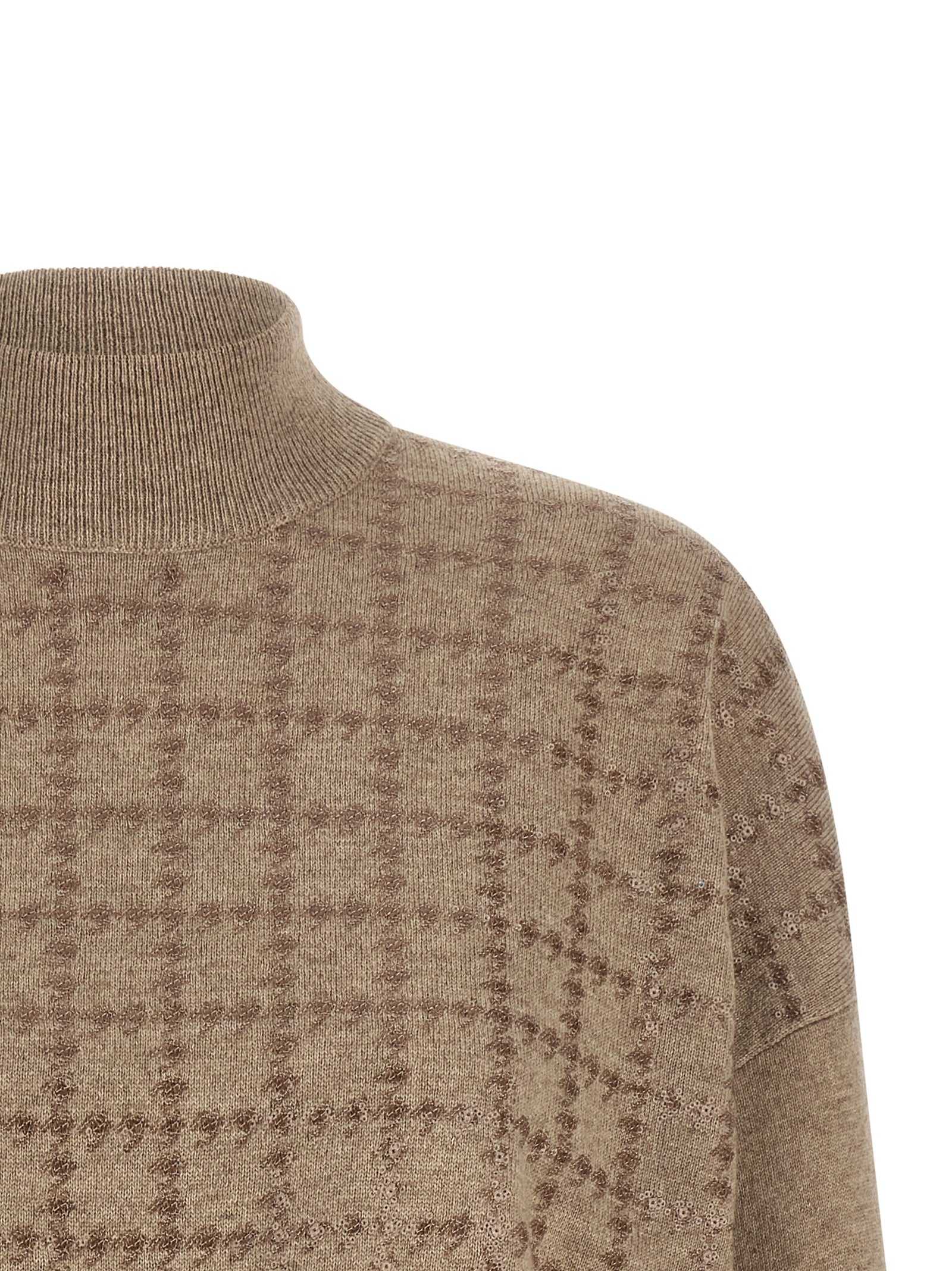 Cardigan by Brunello Cucinelli for women in cashmere & sequins beige & patterned presents a textural silhouette, artfully finished with a textural turtle neckline and for a sophisticated, textural look.