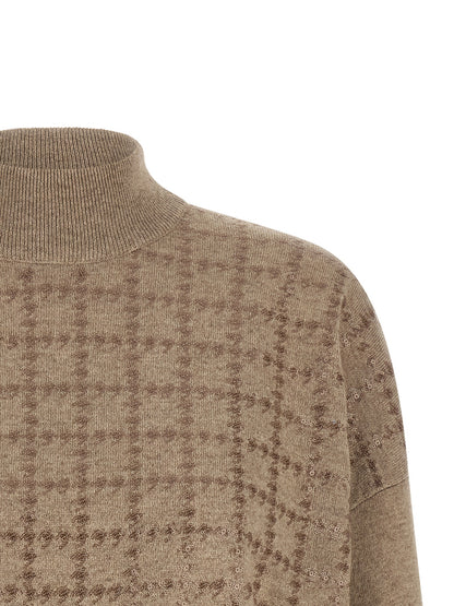 Cardigan by Brunello Cucinelli for women in cashmere & sequins beige & patterned presents a textural silhouette, artfully finished with a textural turtle neckline and for a sophisticated, textural look.