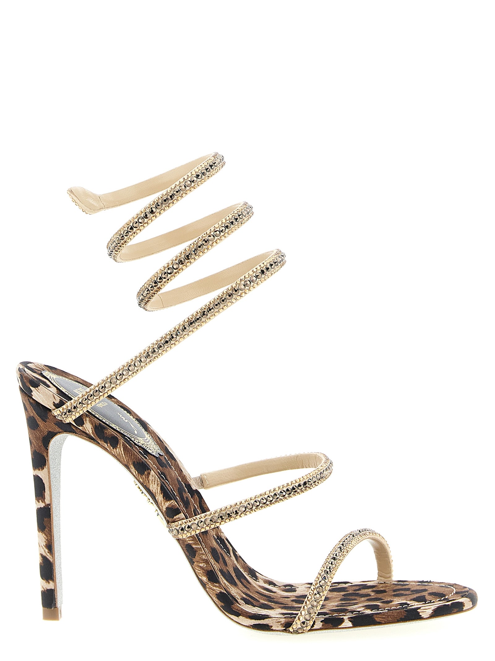 Stiletto Sandals by RENE CAOVILLA for women in silk satin viscose & leather and multicolor & print presents a captivating silhouette, showcasing the signature style of the Women's Silk Satin Viscose & Leather Stiletto Sandals with a captivating stiletto and captivating .
