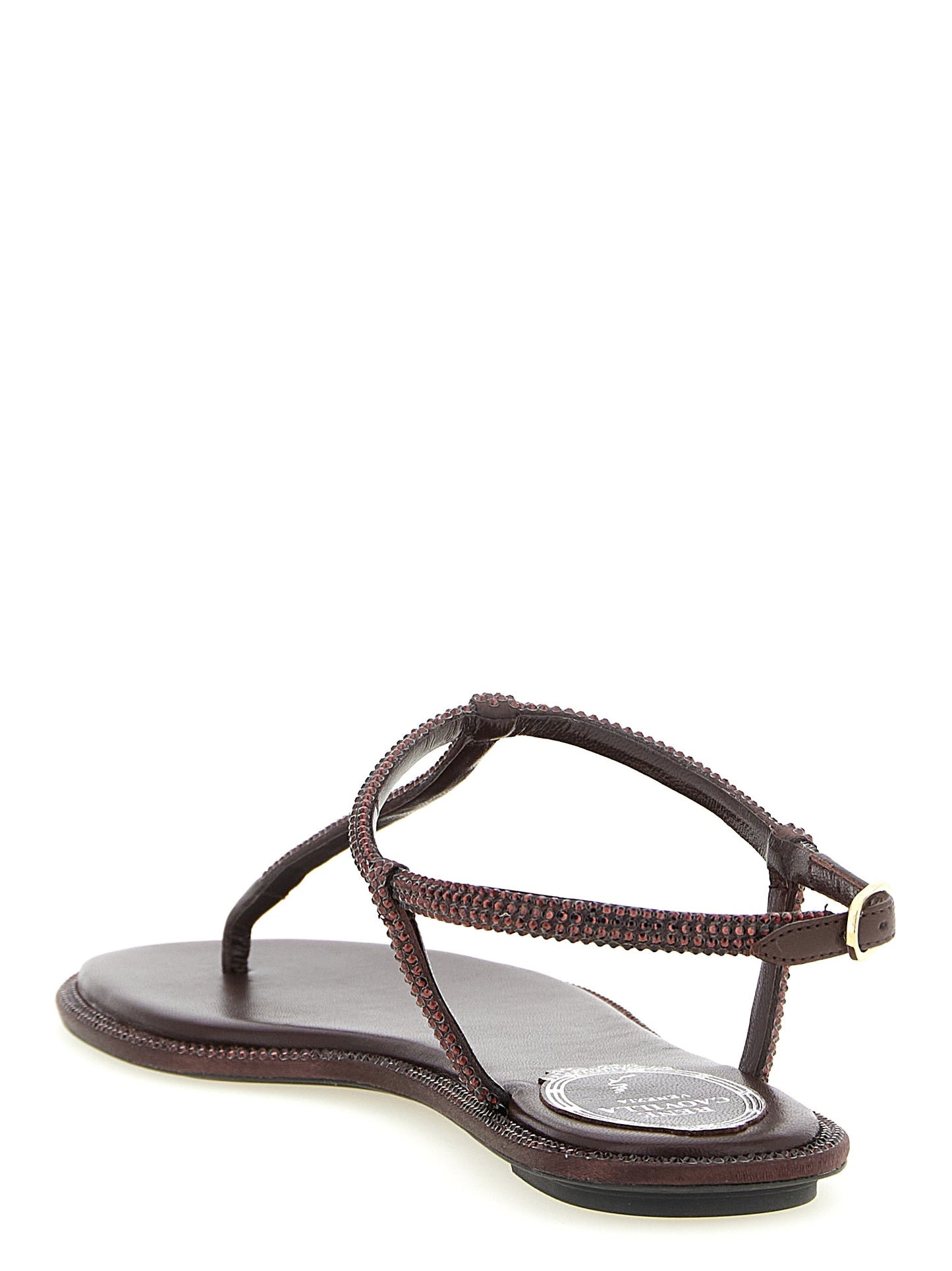 Flat Flip-Flop Sandals by RENE CAOVILLA for women in viscose leather & rhinestone brown presents a sculptural silhouette, showcasing the Aren Women's Viscose Leather & Rhinestone Flat Flip-Flop Sandals design with a sculptural flat and for a premium look.
