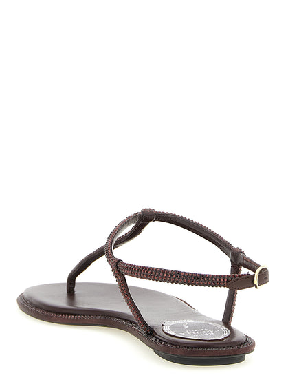 Flat Flip-Flop Sandals by RENE CAOVILLA for women in viscose leather & rhinestone brown presents a sculptural silhouette, showcasing the Aren Women's Viscose Leather & Rhinestone Flat Flip-Flop Sandals design with a sculptural flat and for a premium look.