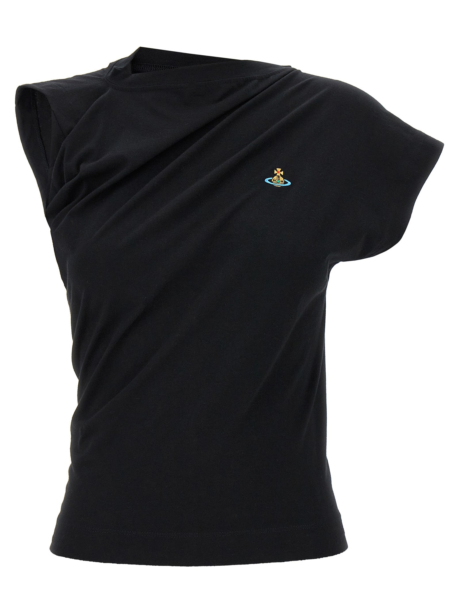 T-Shirt by Vivienne Westwood for women in cotton black showcases a unassuming silhouette, artfully detailed with a refined crew neckline and unassuming short-sleeve for a sophisticated, contemporary look.