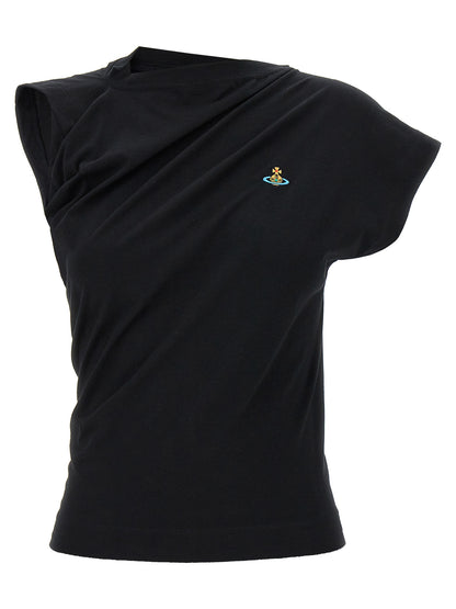 T-Shirt by Vivienne Westwood for women in cotton black showcases a unassuming silhouette, artfully detailed with a refined crew neckline and unassuming short-sleeve for a sophisticated, contemporary look.