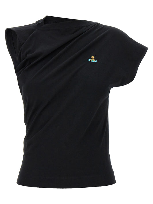 T-Shirt by Vivienne Westwood for women in cotton black showcases a unassuming silhouette, artfully detailed with a refined crew neckline and unassuming short-sleeve for a sophisticated, contemporary look.