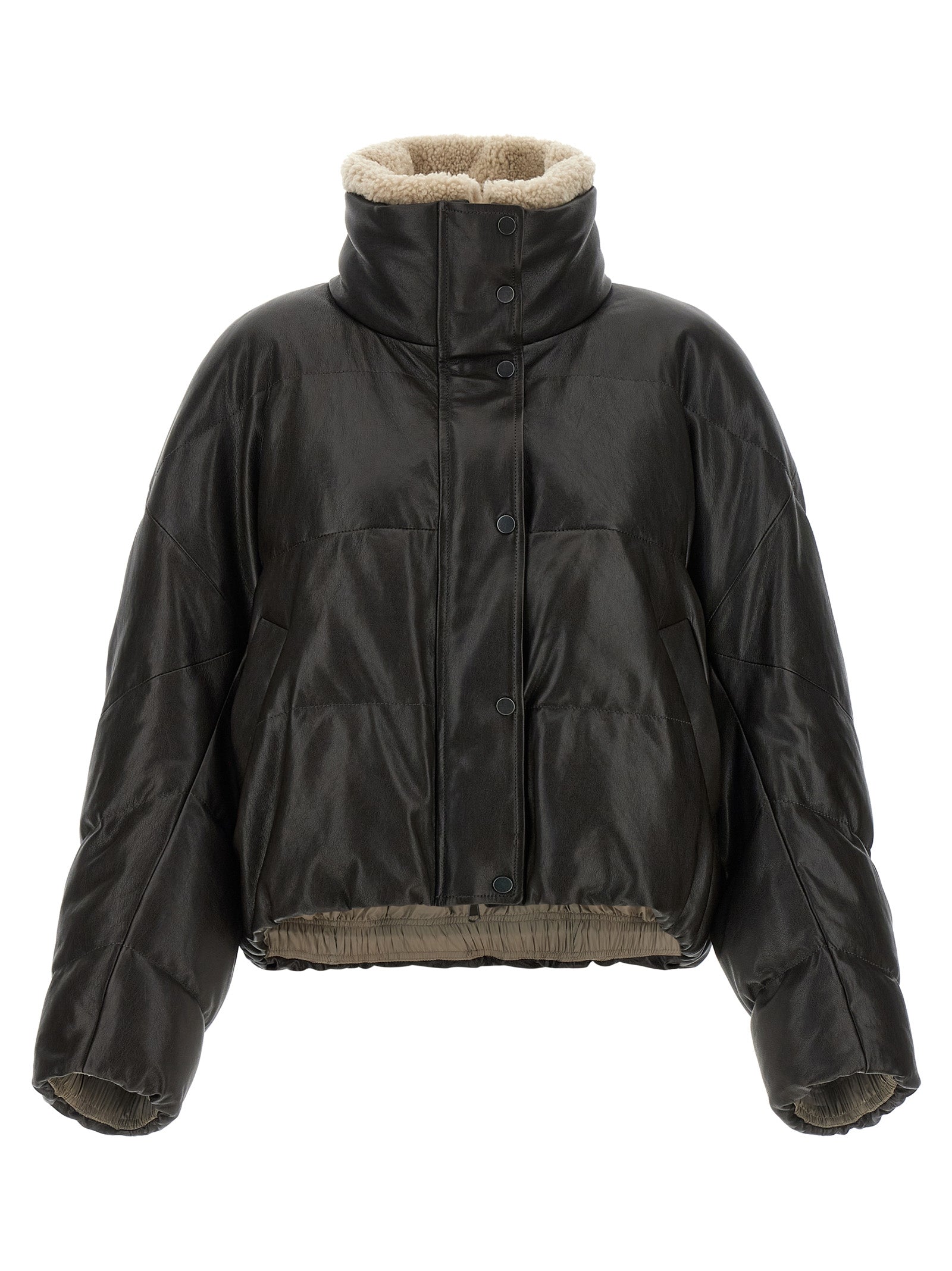 This Jacket by Brunello Cucinelli for women in nylon lamb leather & goose-down brown & signature showcases a magnificent silhouette, meticulously crafted with a distinctive high-neck neckline and functional pockets & insulated for a magnificent finish.