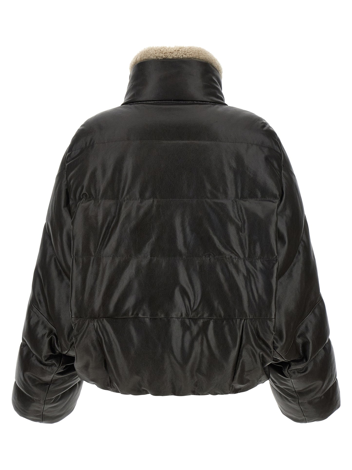 Jacket by Brunello Cucinelli for women in nylon lamb leather & goose-down brown & signature features an utilitarian silhouette with a refined high-neck neckline, showcasing sophisticated pockets & insulated for an utilitarian aesthetic.