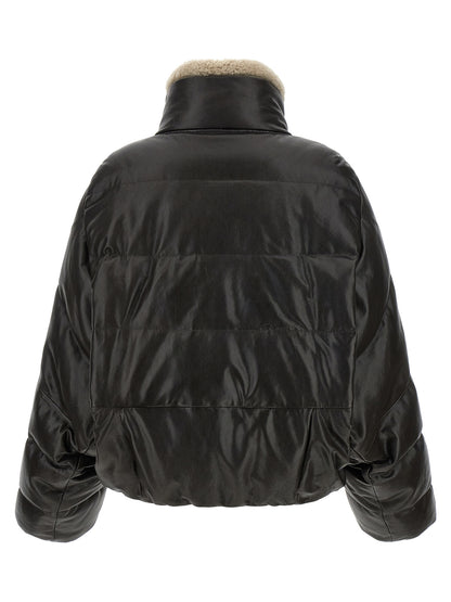 Jacket by Brunello Cucinelli for women in nylon lamb leather & goose-down brown & signature features an utilitarian silhouette with a refined high-neck neckline, showcasing sophisticated pockets & insulated for an utilitarian aesthetic.