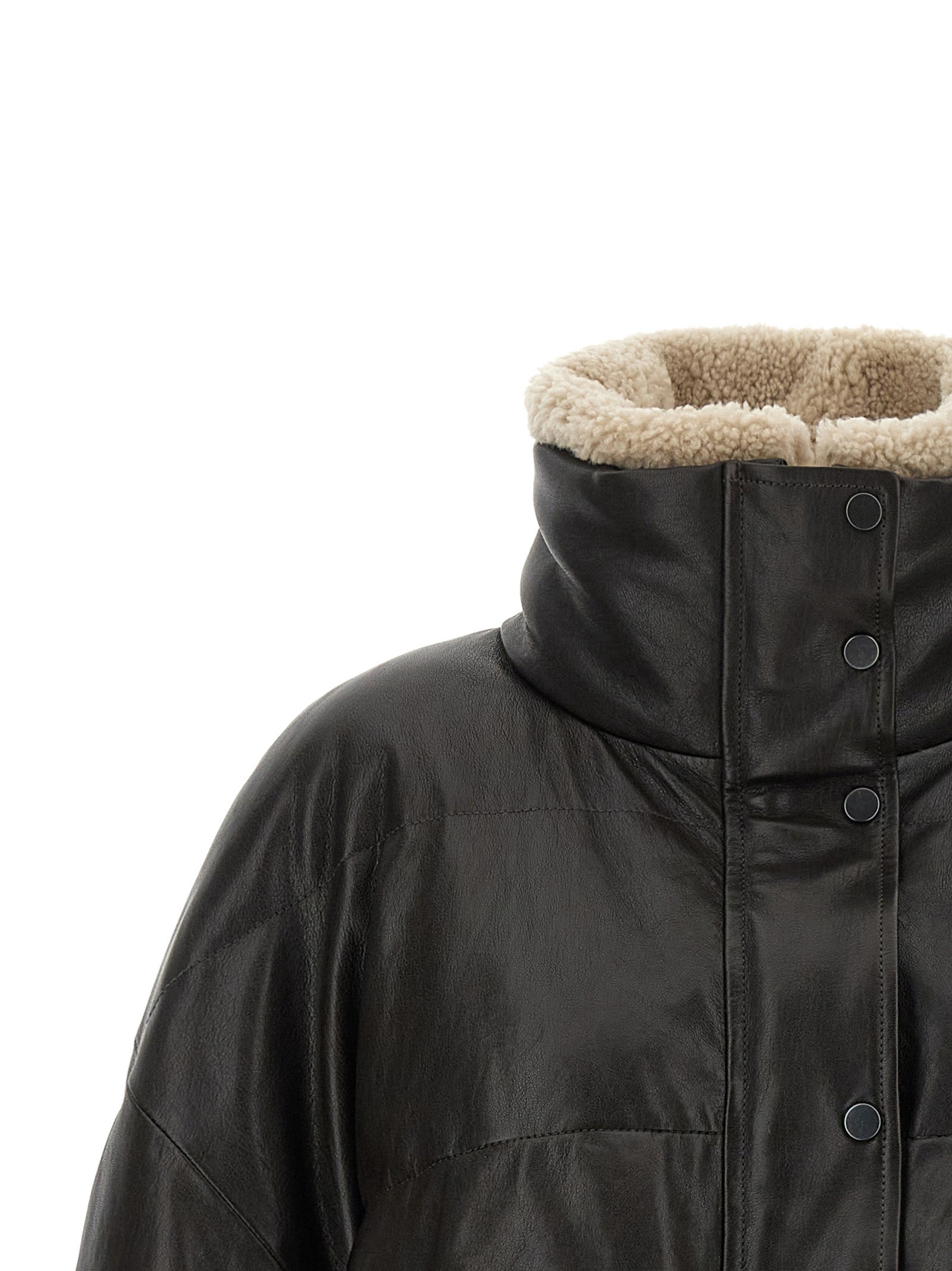 Jacket by Brunello Cucinelli for women in nylon lamb leather & goose-down brown & signature presents a impeccable silhouette, showcasing distinct pockets & insulated and a impeccable high-neck neckline for a sophisticated finish.