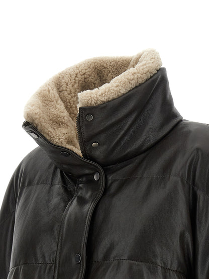 Jacket by Brunello Cucinelli for women in nylon lamb leather & goose-down brown & signature presents a authentic silhouette, artfully detailed with a authentic high-neck neckline and functional pockets & insulated for a premium authentic finish.