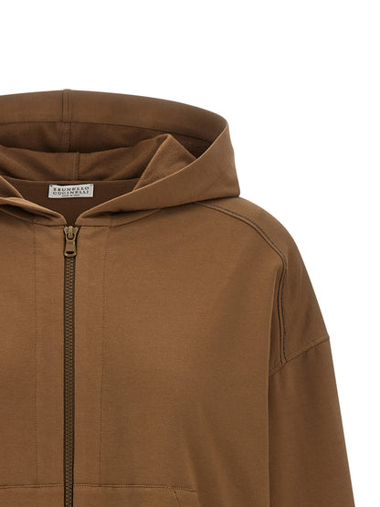Sweatshirt Hoodie by Brunello Cucinelli for women in stretch cotton brown features an avant-garde silhouette, showcasing a sophisticated hooded neckline and detail for a truly avant-garde finish.