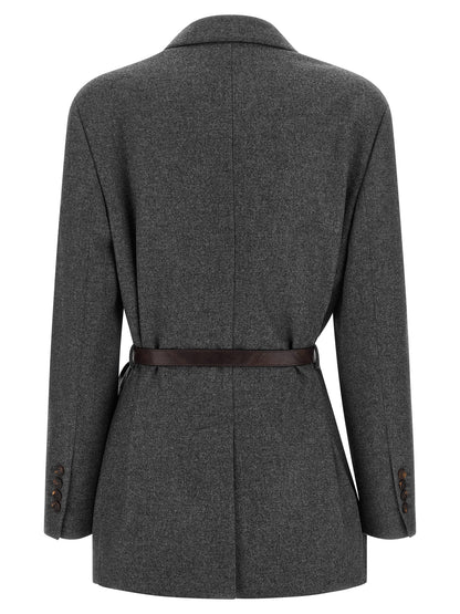 Blazer by Brunello Cucinelli for women in silk cashmere virgin wool gray & horn showcases a discerning silhouette, elegantly detailed with a sophisticated and premium for a truly discerning finish.