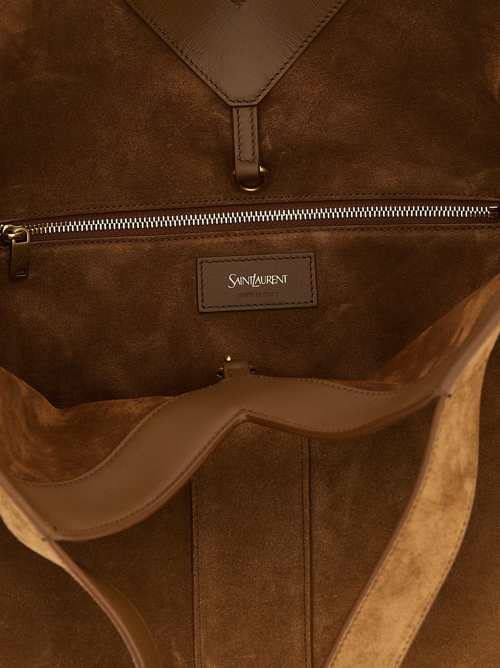 Small Tote Bag by Saint Laurent for women in plush suede calfskin leather brown & signature features an utilitarian-chic silhouette, showcasing the Plush Suede Calfskin Leather Small Tote Bag design with a secure snap & hook, ample , and versatile handle.