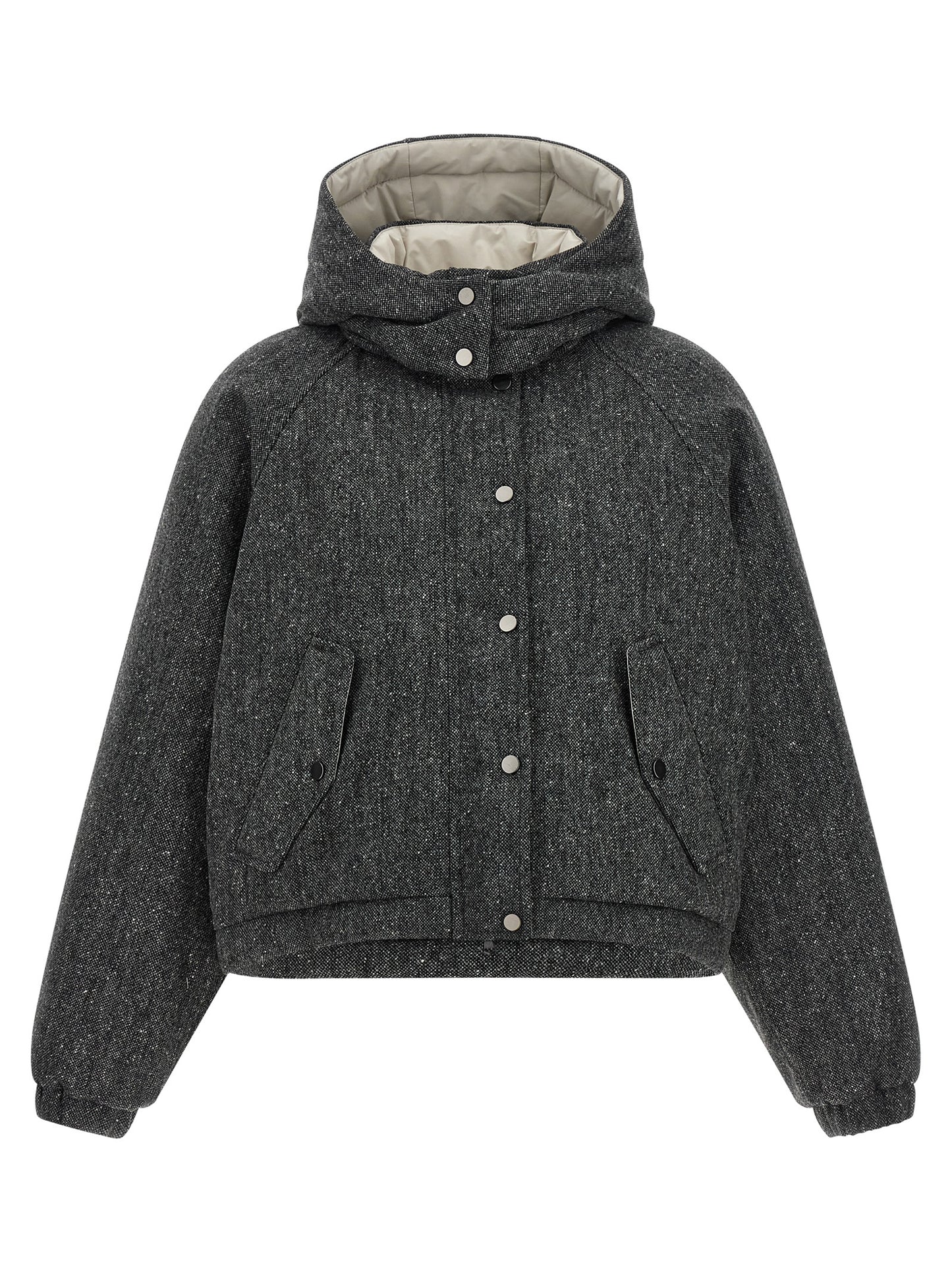 Hooded Puffer Jacket by Brunello Cucinelli for women in polyamide & virgin wool gray & patterned presents a effortlessly chic silhouette, showcasing a sophisticated hooded neckline and premium hooded & insulated for a truly effortlessly chic finish.