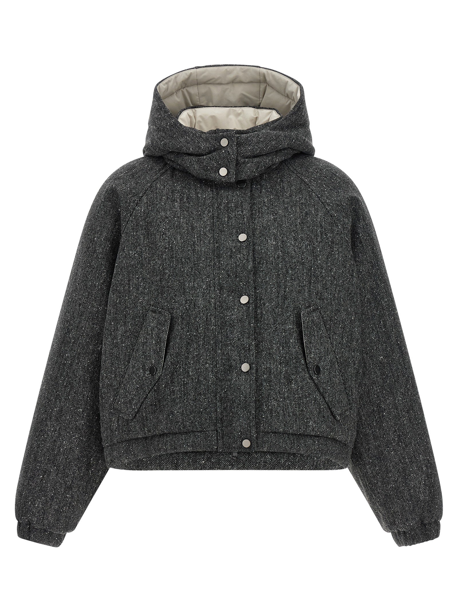 Hooded Puffer Jacket by Brunello Cucinelli for women in polyamide & virgin wool gray & patterned presents a effortlessly chic silhouette, showcasing a sophisticated hooded neckline and premium hooded & insulated for a truly effortlessly chic finish.