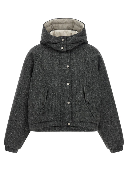 Hooded Puffer Jacket by Brunello Cucinelli for women in polyamide & virgin wool gray & patterned presents a effortlessly chic silhouette, showcasing a sophisticated hooded neckline and premium hooded & insulated for a truly effortlessly chic finish.