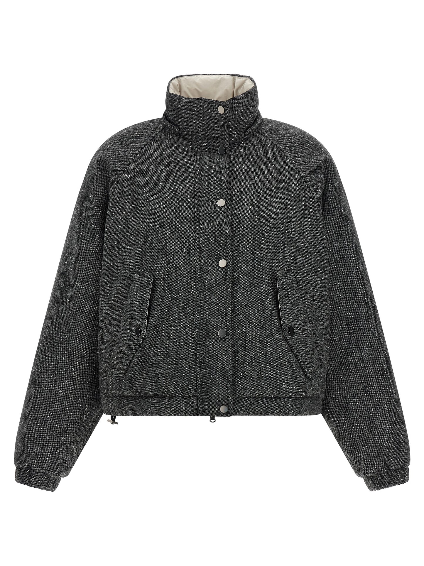 Hooded Puffer Jacket by Brunello Cucinelli for women in polyamide & virgin wool gray & patterned showcases a bohemian silhouette, artfully detailed with a bohemian hooded neckline and signature hooded & insulated for a truly bohemian finish.