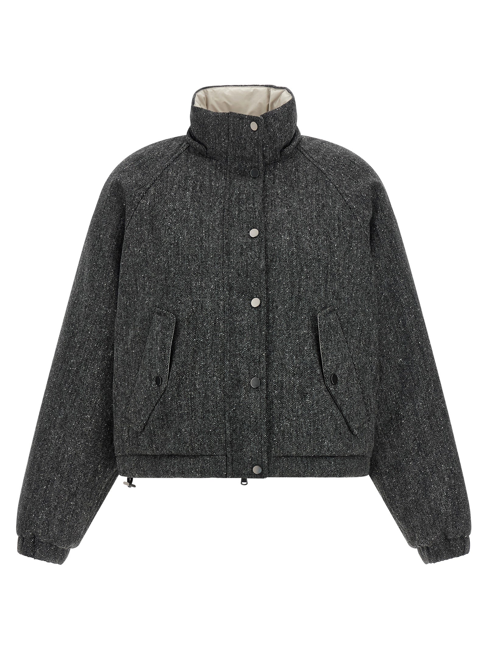 Hooded Puffer Jacket by Brunello Cucinelli for women in polyamide & virgin wool gray & patterned showcases a bohemian silhouette, artfully detailed with a bohemian hooded neckline and signature hooded & insulated for a truly bohemian finish.