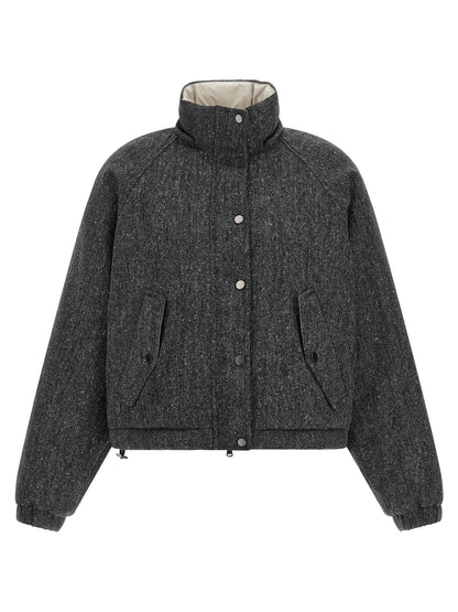 Hooded Puffer Jacket by Brunello Cucinelli for women in polyamide & virgin wool gray & patterned showcases a bohemian silhouette, artfully detailed with a bohemian hooded neckline and signature hooded & insulated for a truly bohemian finish.
