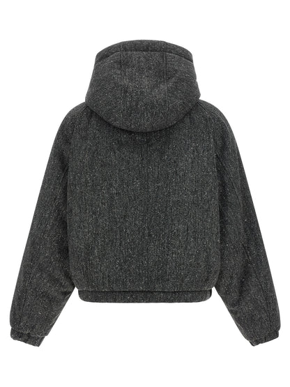 Hooded Puffer Jacket by Brunello Cucinelli for women in polyamide & virgin wool gray & patterned presents a effortlessly chic silhouette, showcasing a sophisticated hooded neckline and premium hooded & insulated for a truly effortlessly chic finish.
