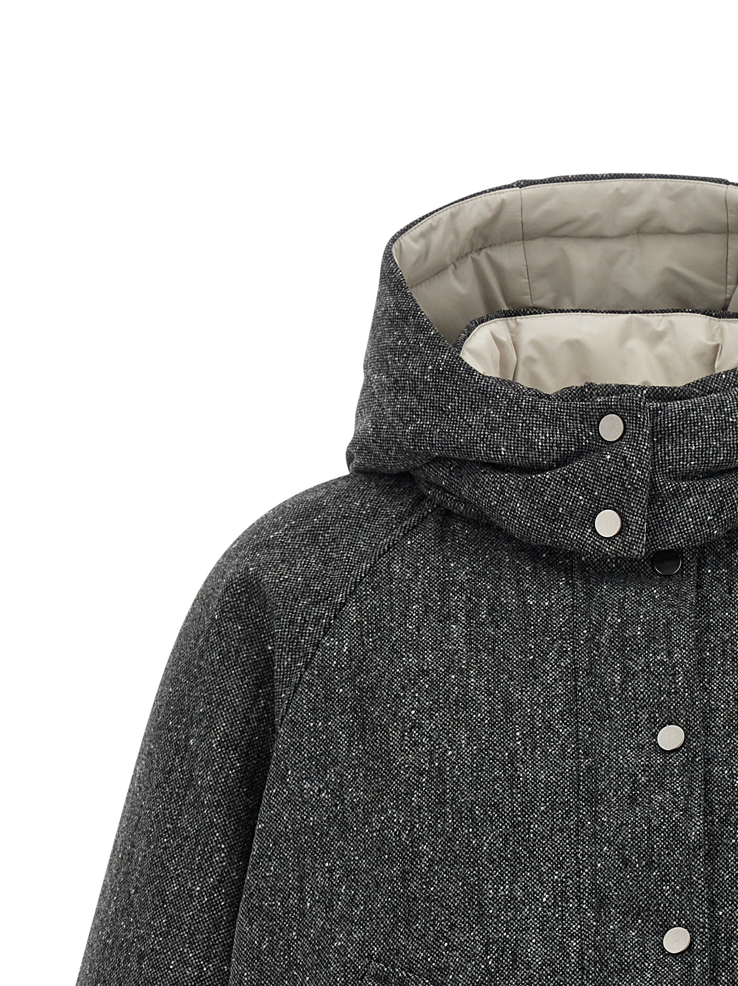 Hooded Puffer Jacket by Brunello Cucinelli for women in polyamide & virgin wool gray & patterned features a dramatic silhouette, showcasing a sophisticated hooded neckline and distinctive hooded & insulated for a dramatic aesthetic.