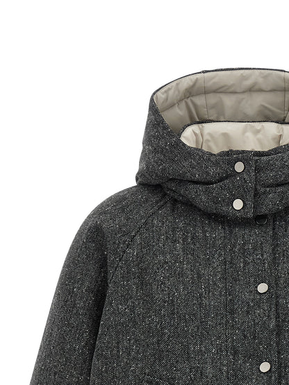 Hooded Puffer Jacket by Brunello Cucinelli for women in polyamide & virgin wool gray & patterned features a dramatic silhouette, showcasing a sophisticated hooded neckline and distinctive hooded & insulated for a dramatic aesthetic.