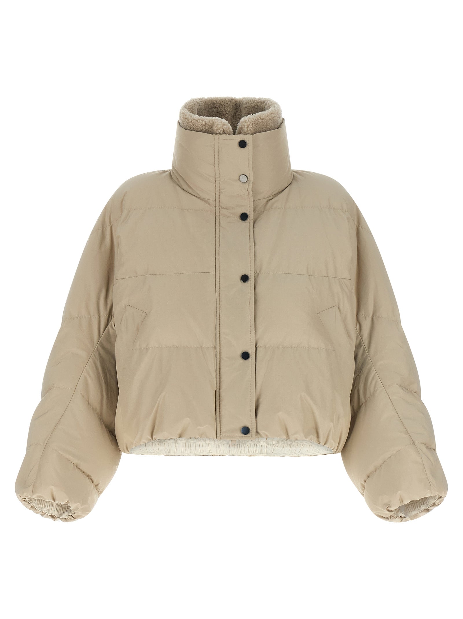 Puffer Jacket by Brunello Cucinelli for women in cotton polyester beige & signature showcases a bohemian silhouette, artfully detailed with a bohemian high-neck neckline and signature breathable-design, pockets & insulated for a truly bohemian finish.