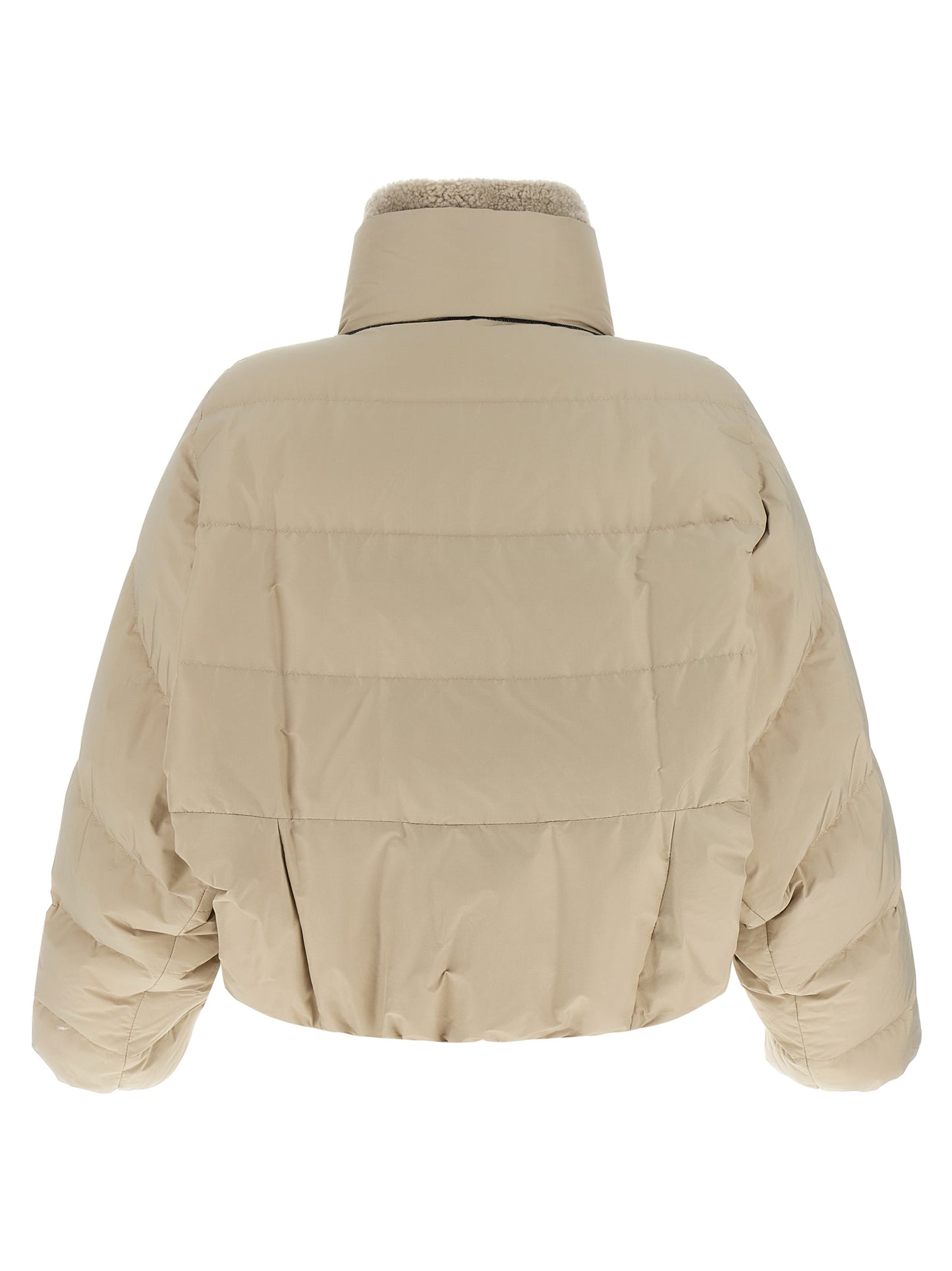 Puffer Jacket by Brunello Cucinelli for women in cotton polyester beige & signature features an contemporary silhouette, showcasing a sophisticated high-neck neckline and contemporary breathable-design, pockets & insulated for a truly refined look.