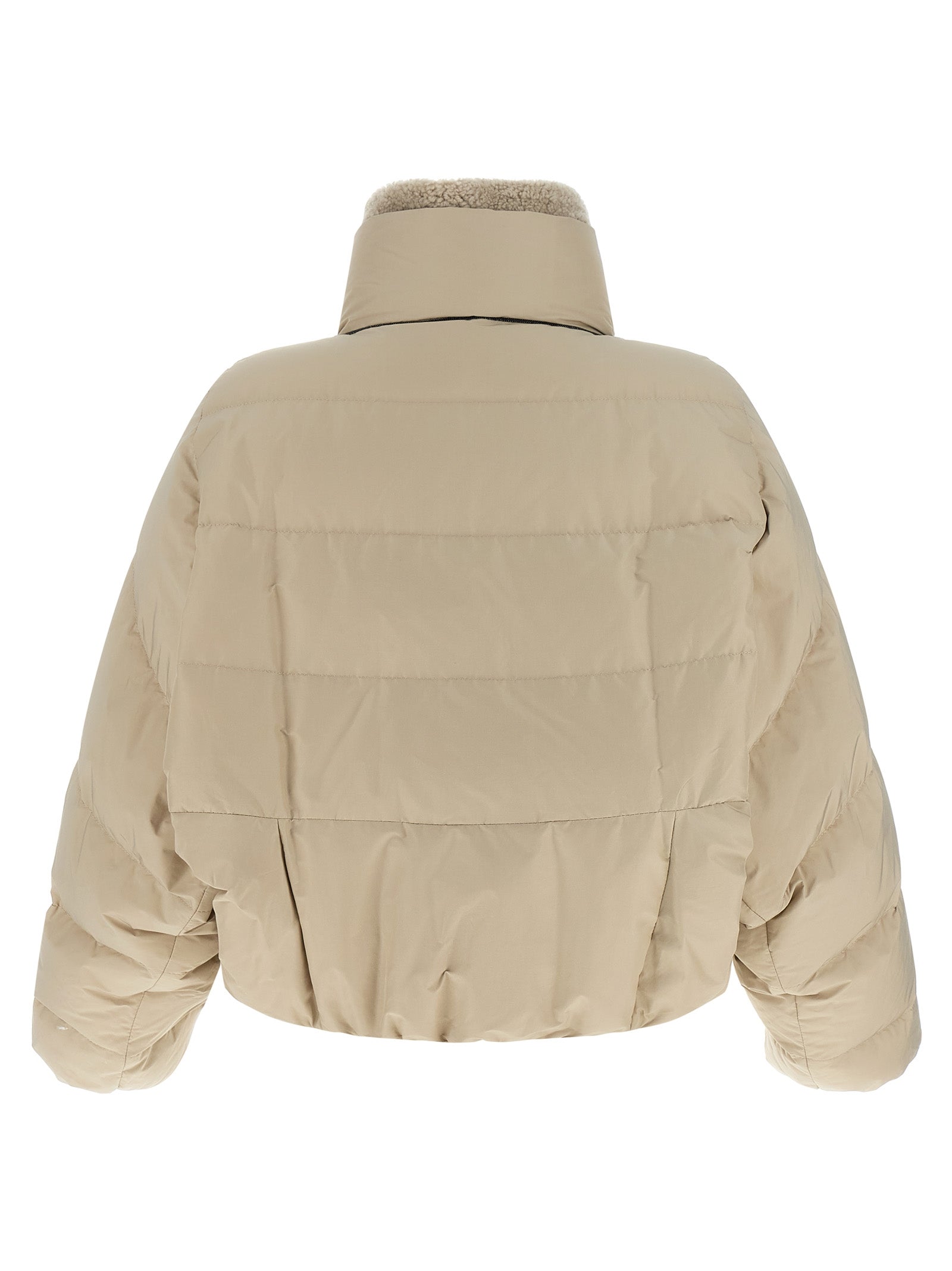 Puffer Jacket by Brunello Cucinelli for women in cotton polyester beige & signature features an contemporary silhouette, showcasing a sophisticated high-neck neckline and contemporary breathable-design, pockets & insulated for a truly refined look.