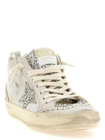 Sneakers by Golden Goose for women in polyester nappa leather & cotton beige & print presents a sumptuous silhouette, artfully capturing the essence of the Ribbon Star Women's High Top Polyester Nappa Leather & Cotton Sneakers with its sumptuous high-top style design.