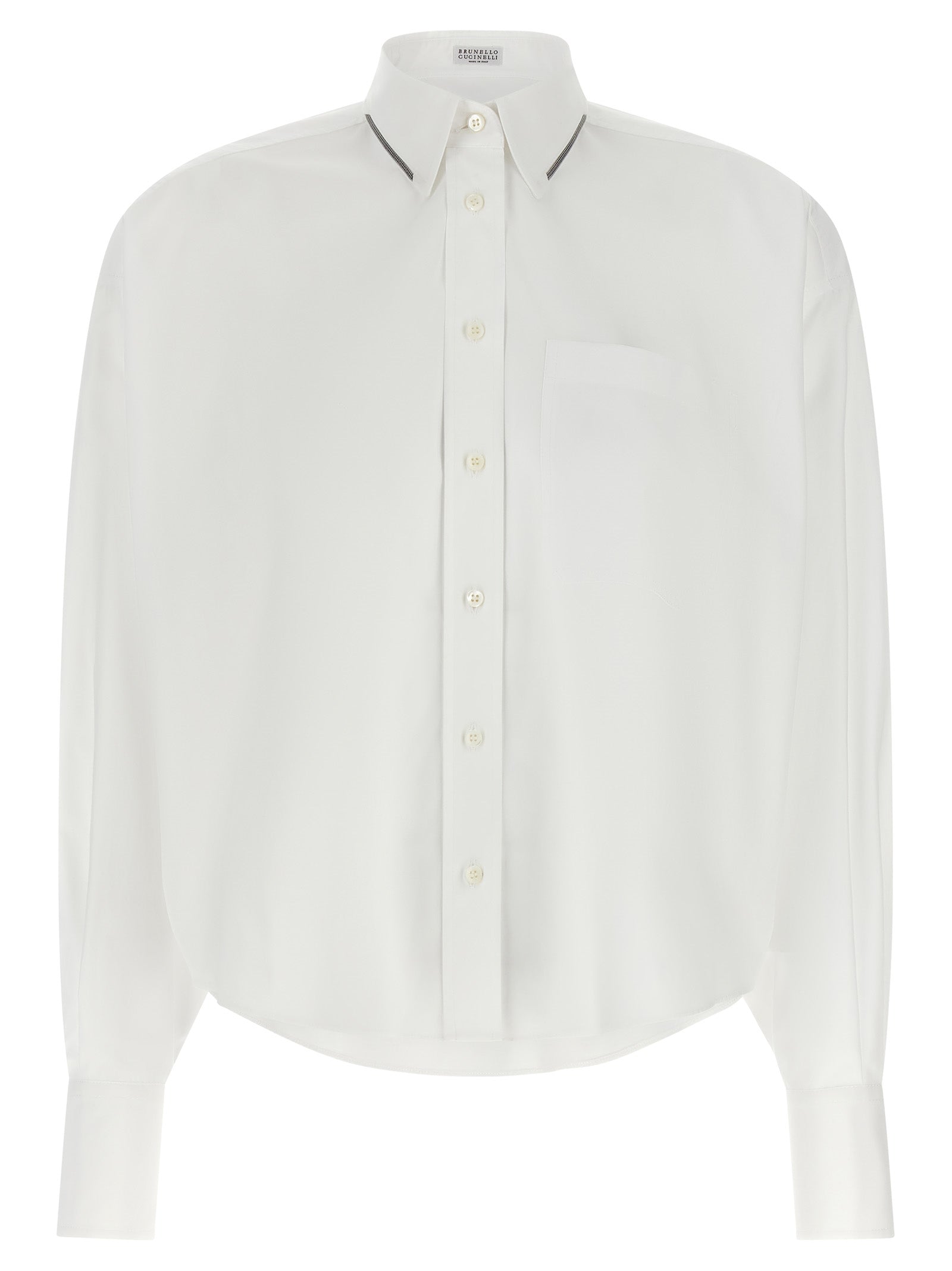 Blouse by Brunello Cucinelli for women in cotton white & signature showcases a sublime silhouette, artfully detailed with a sublime and for a sophisticated, sublime finish.