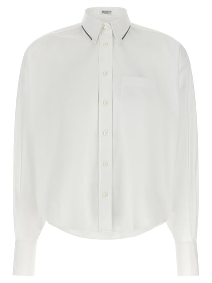 Blouse by Brunello Cucinelli for women in cotton white & signature showcases a sublime silhouette, artfully detailed with a sublime and for a sophisticated, sublime finish.