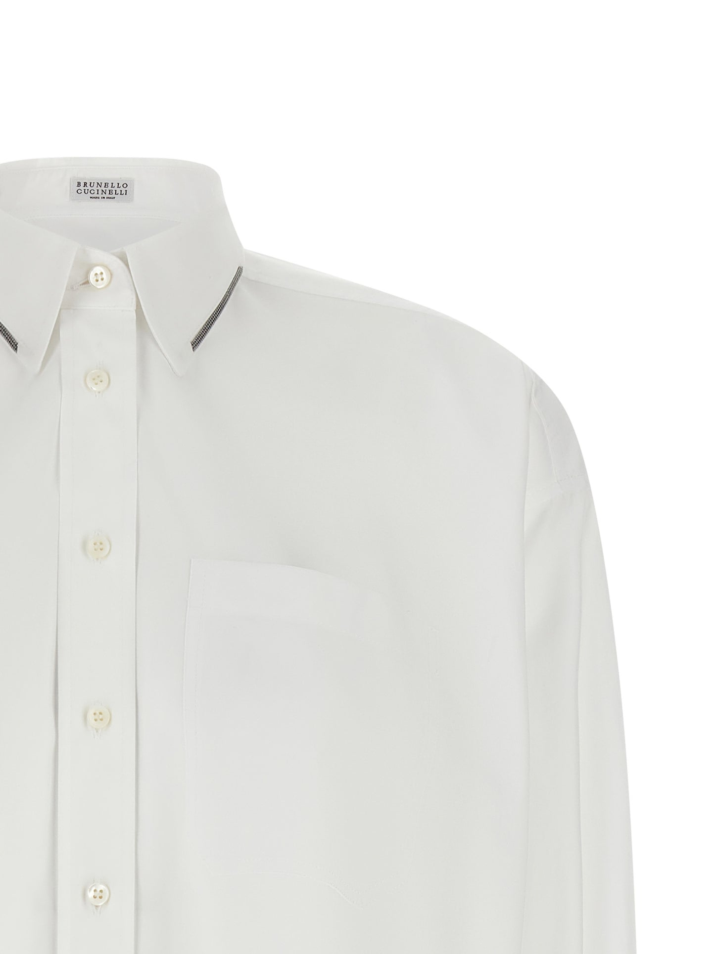 Blouse by Brunello Cucinelli for women in cotton white & signature showcases a sharp silhouette, elegantly detailed with a sharp and sharp .