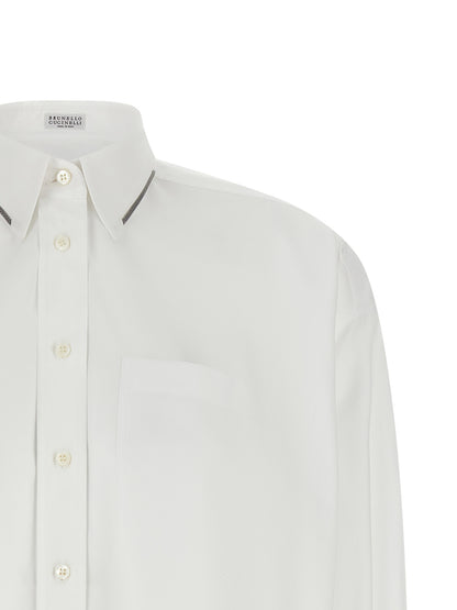 Blouse by Brunello Cucinelli for women in cotton white & signature showcases a sharp silhouette, elegantly detailed with a sharp and sharp .