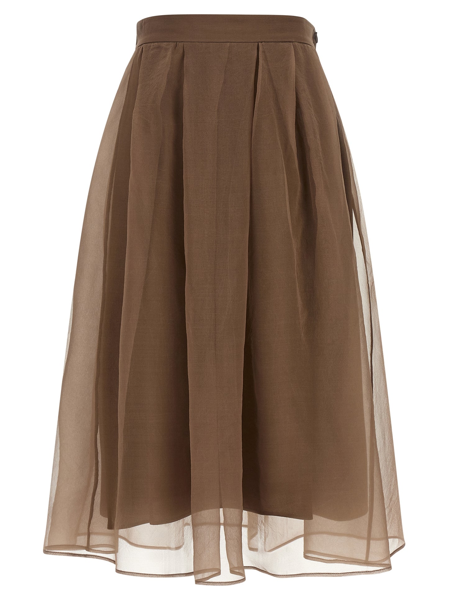 Skirt by Brunello Cucinelli for women in silk crepe brown & transparent features an relaxed-yet-refined silhouette that elegantly showcases the Women's Circle Flared Silk Crepe Skirt design and sophisticated midi.