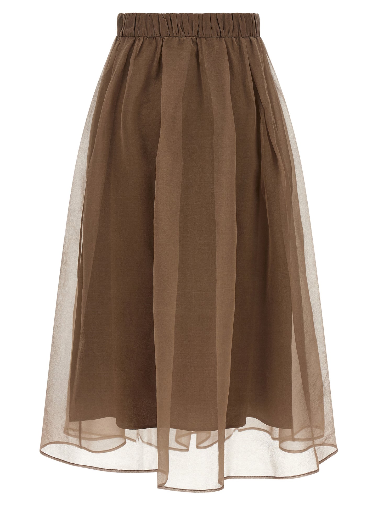 Skirt by Brunello Cucinelli for women in silk crepe brown & transparent features a sublime silhouette, showcasing the sublime design of the Women's Circle Flared Silk Crepe Skirt in a sophisticated midi.