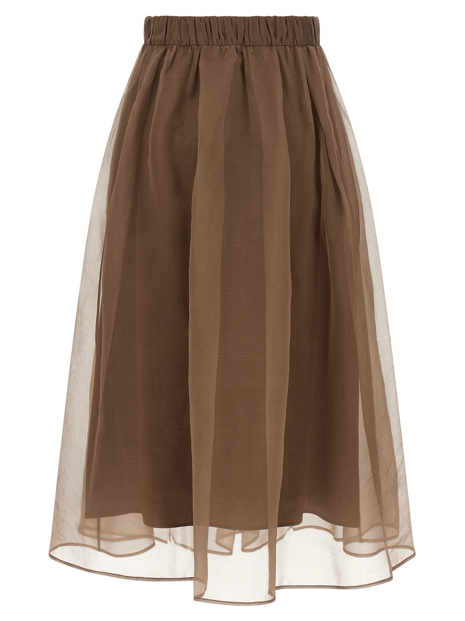 Skirt by Brunello Cucinelli for women in silk crepe brown & transparent features a sublime silhouette, showcasing the sublime design of the Women's Circle Flared Silk Crepe Skirt in a sophisticated midi.