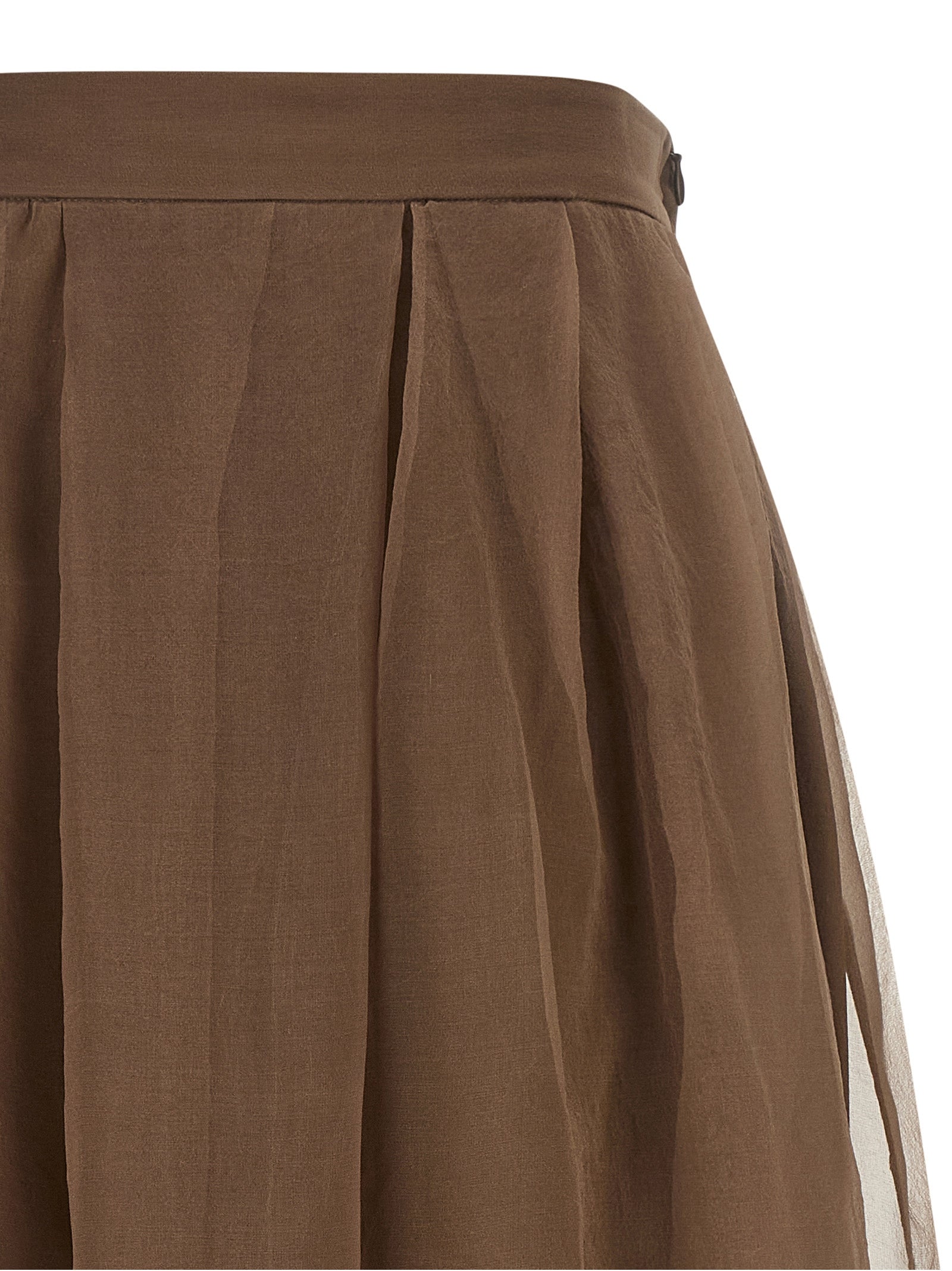 Skirt by Brunello Cucinelli for women in silk crepe brown & transparent features an tailored silhouette, artfully capturing the essence of Women's Circle Flared Silk Crepe Skirt in a sophisticated midi.