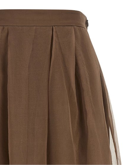 Skirt by Brunello Cucinelli for women in silk crepe brown & transparent features an tailored silhouette, artfully capturing the essence of Women's Circle Flared Silk Crepe Skirt in a sophisticated midi.
