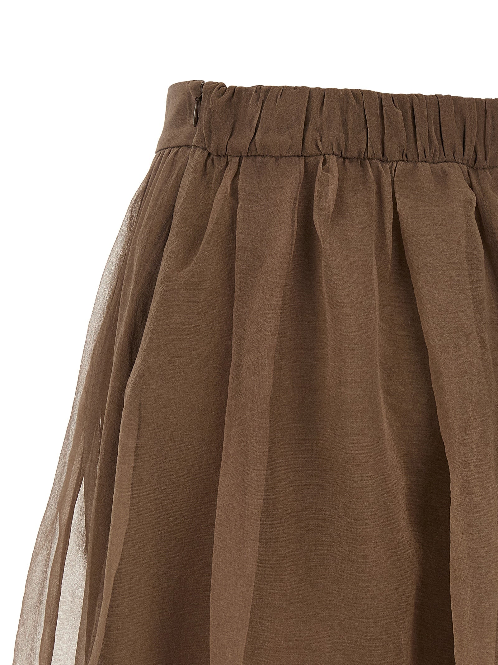 Skirt by Brunello Cucinelli for women in silk crepe brown & transparent showcases a dramatic silhouette, artfully capturing the essence of the Women's Circle Flared Silk Crepe Skirt in a dramatic midi cut for a refined look.