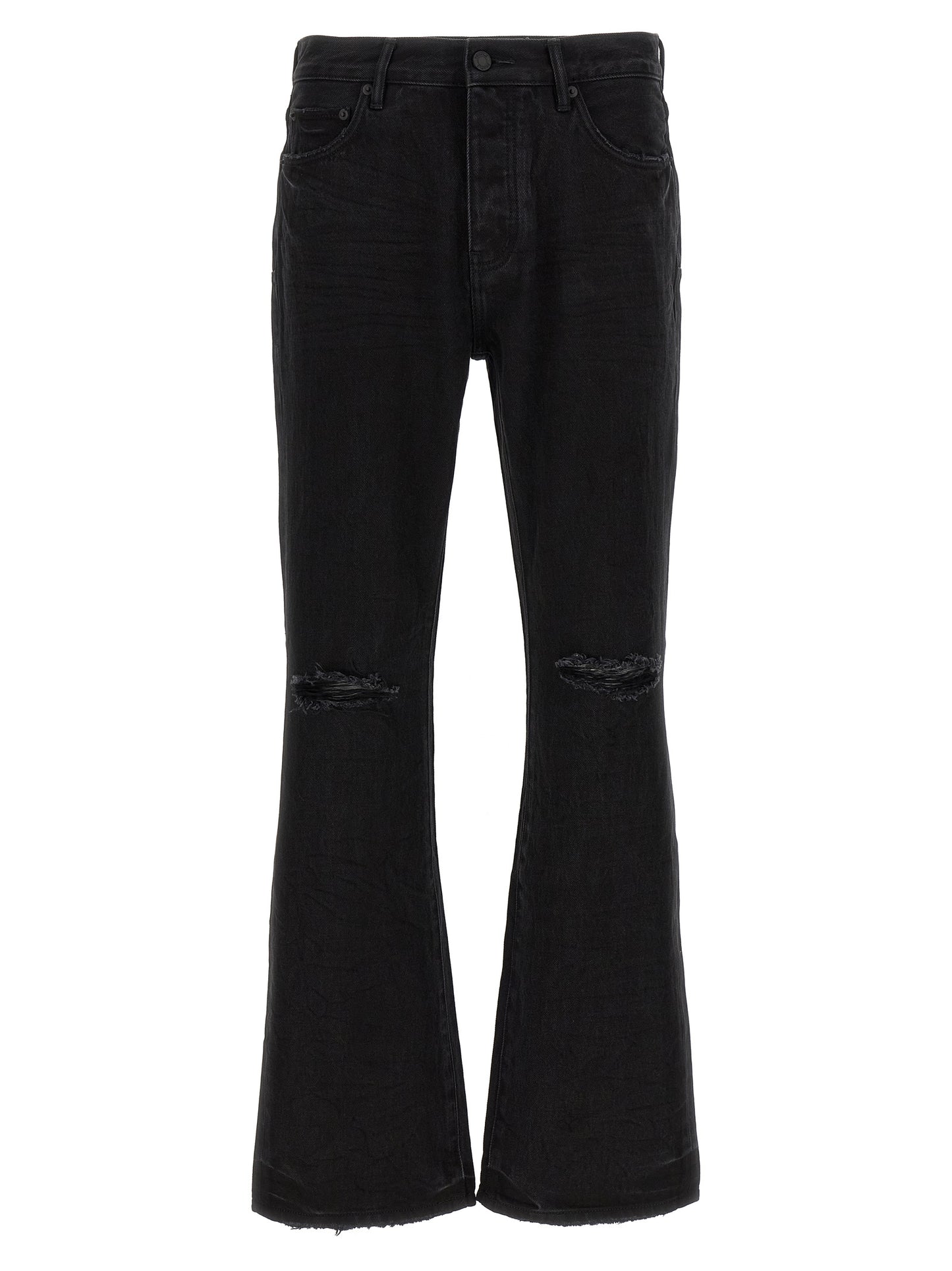 Jeans by PURPLE for men in denim cotton black & purple features an sophisticated mid rise and flared with a precise long, creating a sophisticated and sophisticated silhouette.