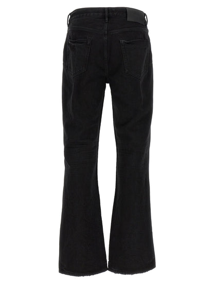 Jeans by PURPLE for men in denim cotton black & purple features an sartorial flared and long with a mid rise cut for a sartorial finish.
